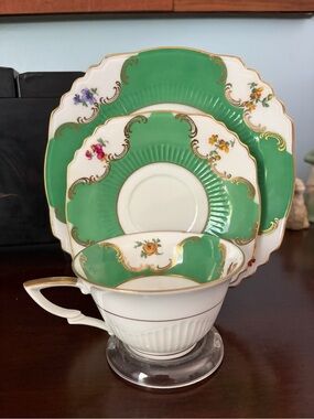 Green and Gold Porcelain Tea Cup and Saucer Set